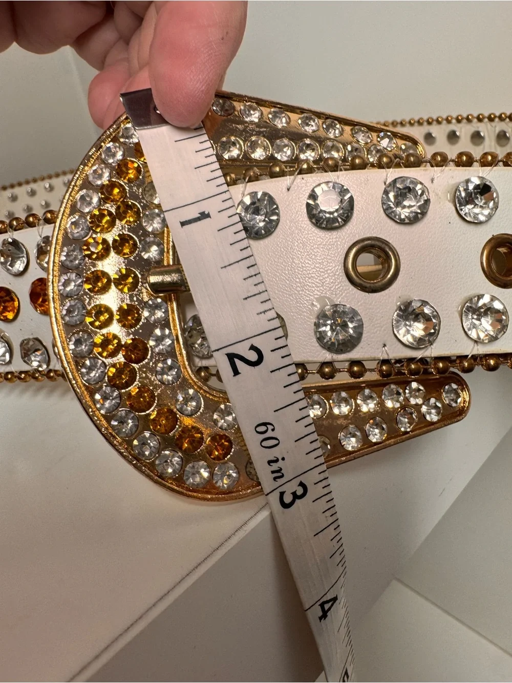 New/In Box White Crystal-Embellished Belt with Gold Buckle